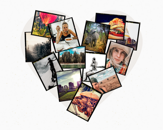 Collage of personal and travel-themed photographs arranged in a heart shape, featuring diverse moments like nature scenes, wildlife, food, and portraits, symbolizing the multifaceted life and inspirations of the author in the interview.